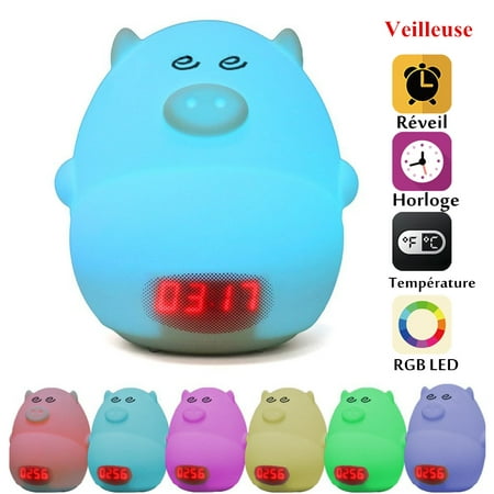 GLIME Night Light Alarm Clock for Kids Cute Pig Children Bedrooms Clock USB LED Lights Silicone Baby Nursery Lamp Color Changing Best (Best Sad Alarm Clock)