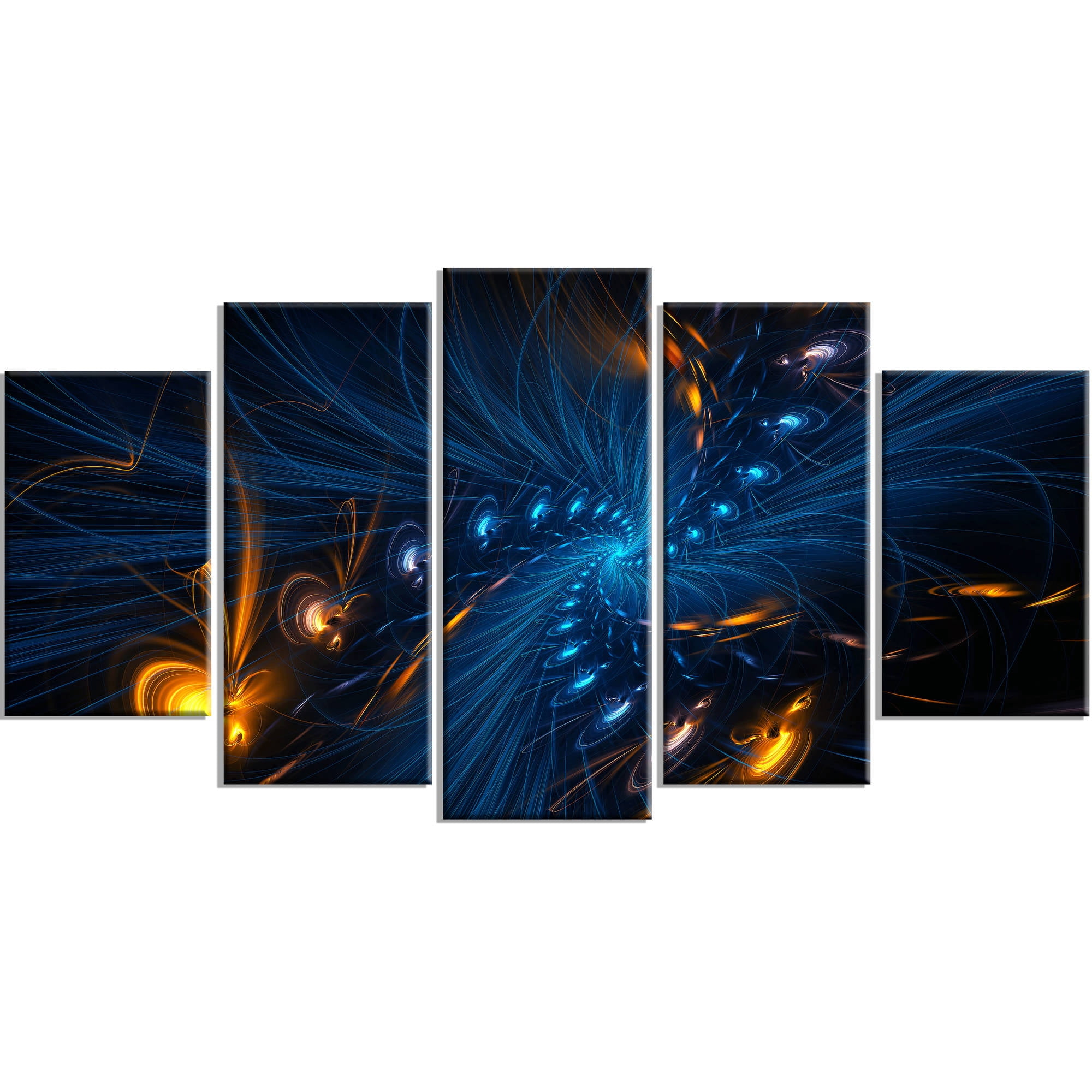 DESIGN ART Blue and Orange "Illumination" 4-piece Gallery-wrapped Canvas 60 in. wide x 32 in. high - 5 Panels Diamond Shape