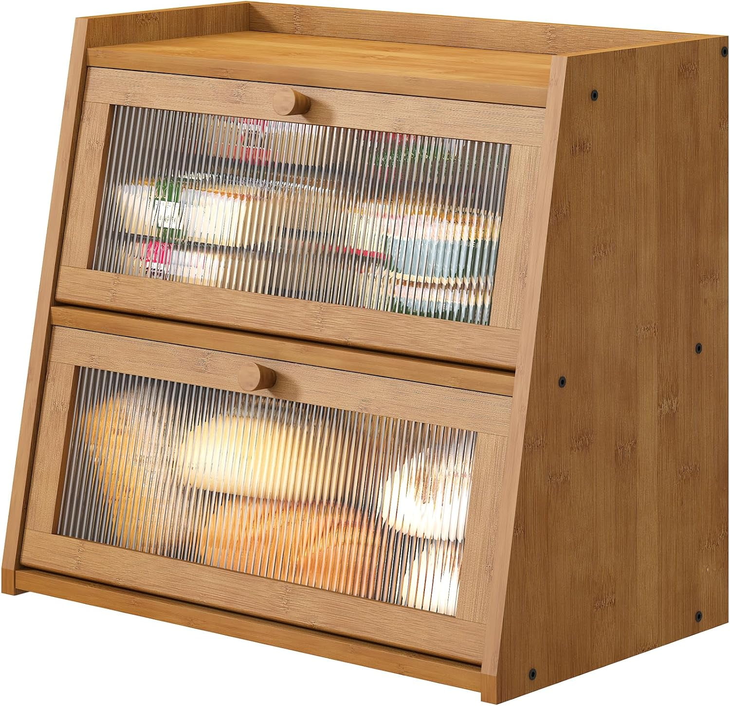Bread Box for Kitchen Counter, Double Layer Large Bamboo Wood Bread Box, Bamboo Bread Storage Container with Wavy Acrylic Transparent Door