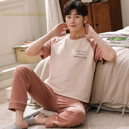 

QWZNDZGR Summer Knitted Cotton Cartoon Mens Pyjamas Pajamas Casual Short Tops +Long Pants Sets Men s Sleepwear Night Pijamas 3XL Homewea