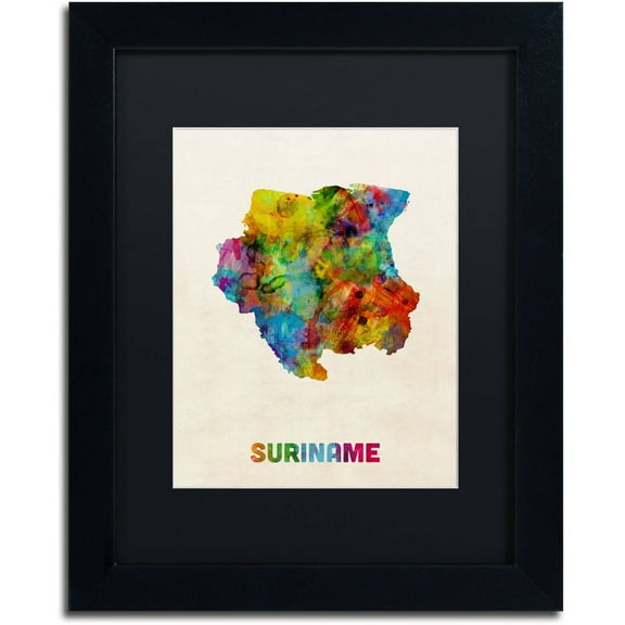 Trademark Fine Art "Suriname Watercolor Map" Canvas Art by Michael Tompsett Black Matte, Black Frame