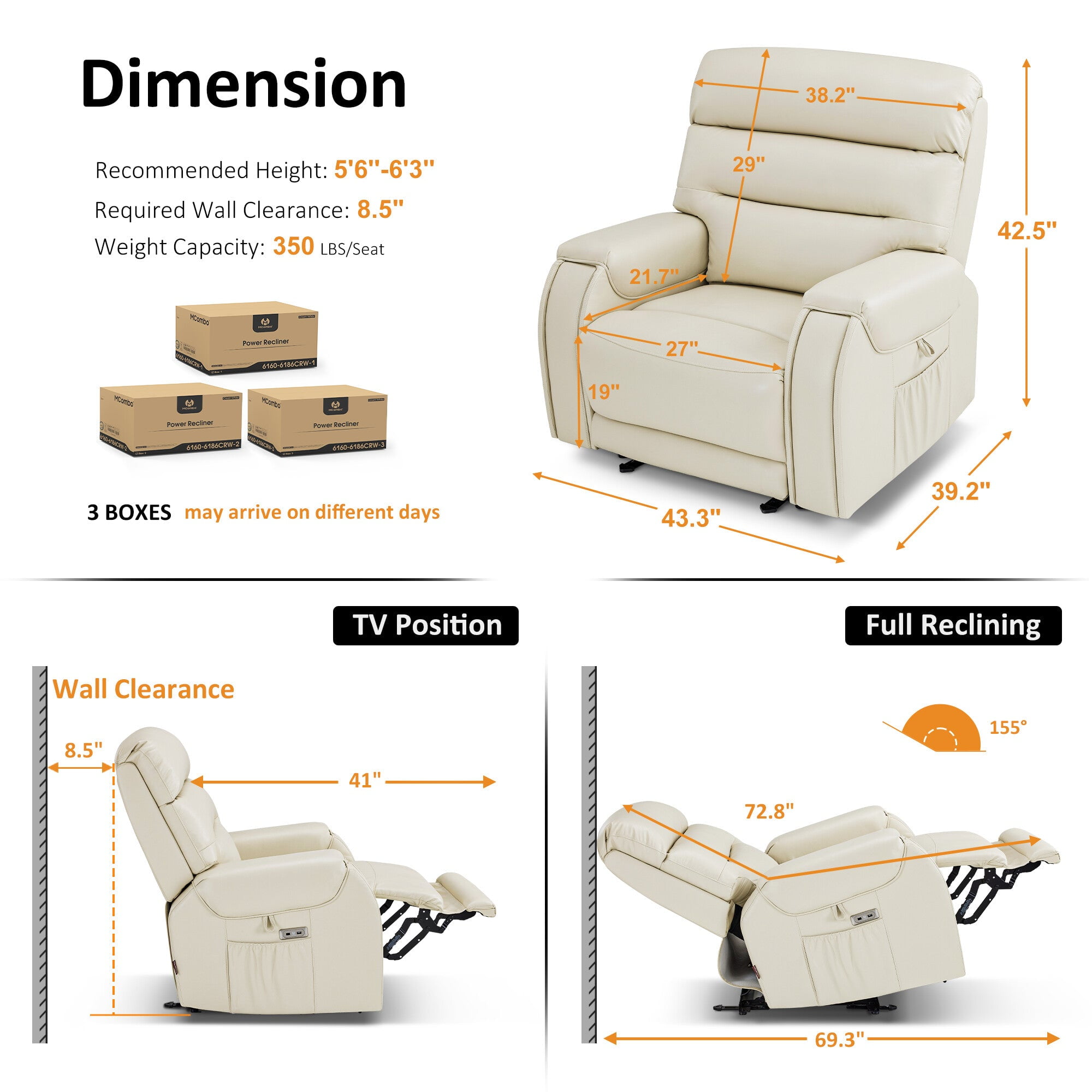 MCombo 27‘’ Extra Wide Oversized Power Recliner Chair for Big Tall Adults, Faux Leather, Cream White