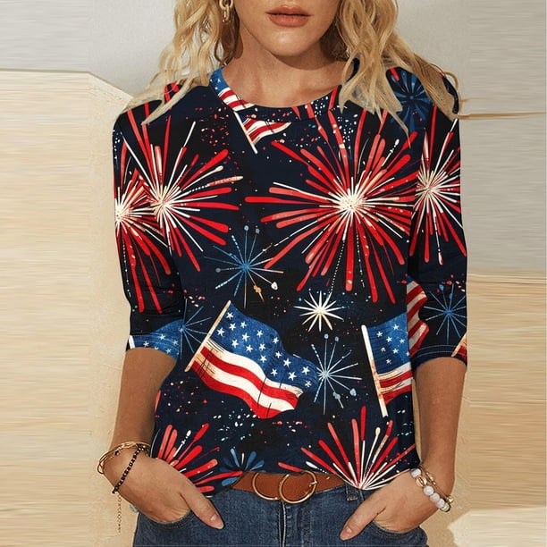Fiudx Ofertas de La Semana Moda Mujer Impresión Cuello Redondo Manga 3/4 Camiseta Pulóver Blusa Superior