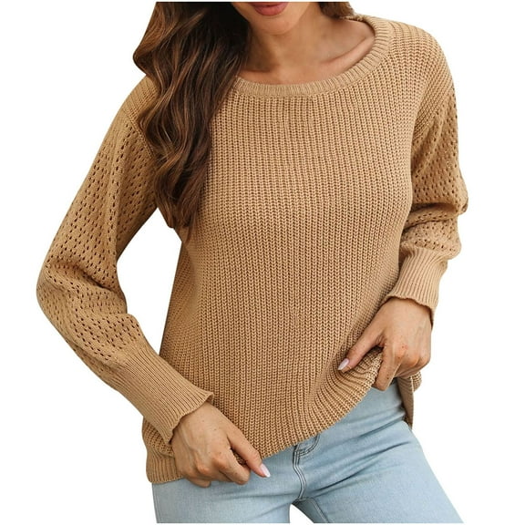 Womens Fall Fashion 2022! QLEICOM Sweaters for Women, Women's Hollow-sleeved Stitching Sweater Women's Loose Autumn And Winter Long-sleeved Sweater New On Clearance