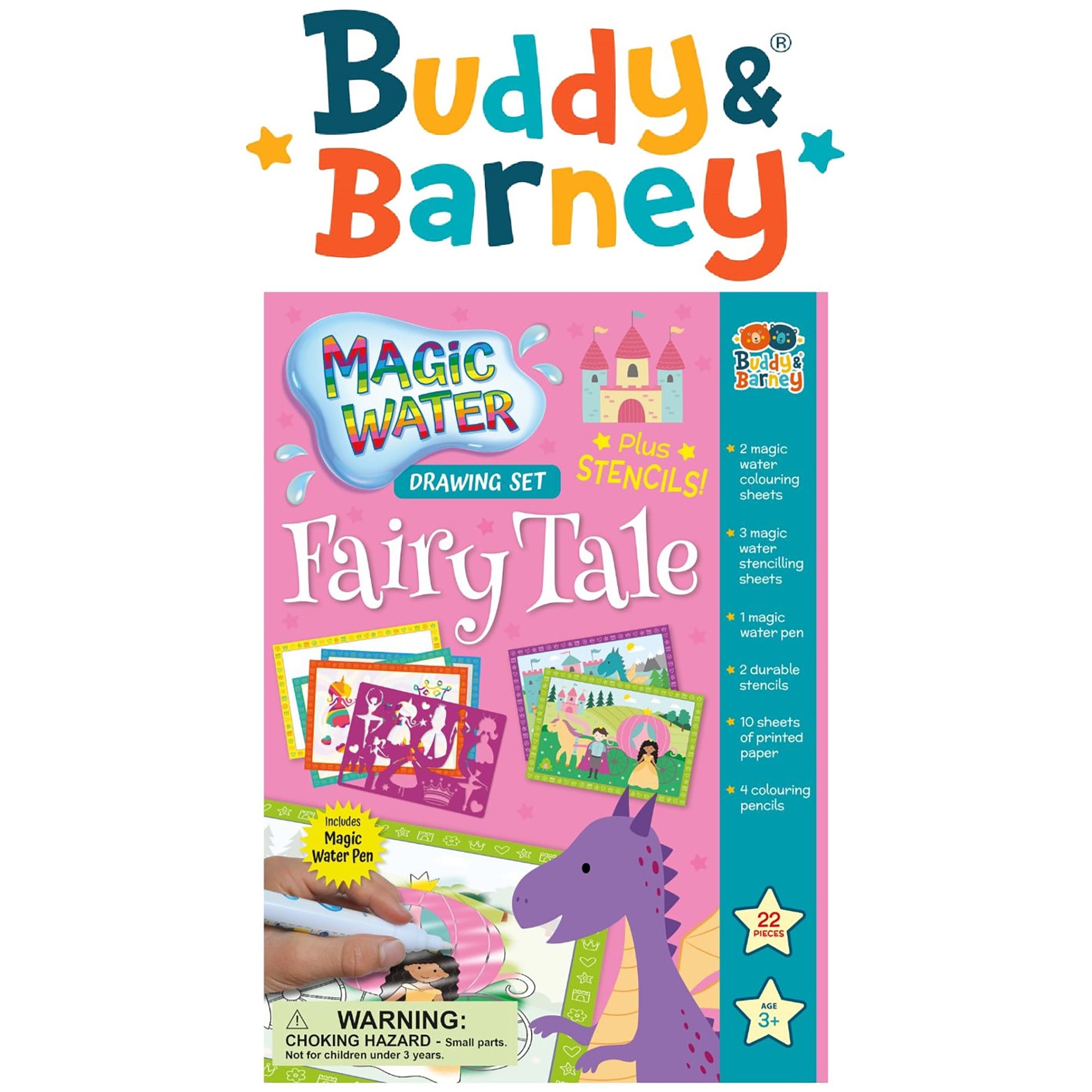 Buddy & Barney: Magic Water Drawing Set - Fairy Tale - Stencils-Magic Pen-Colored Pencils, Art Paper Sheets, Princess-Fantasy Themed Activity, Kids 3+