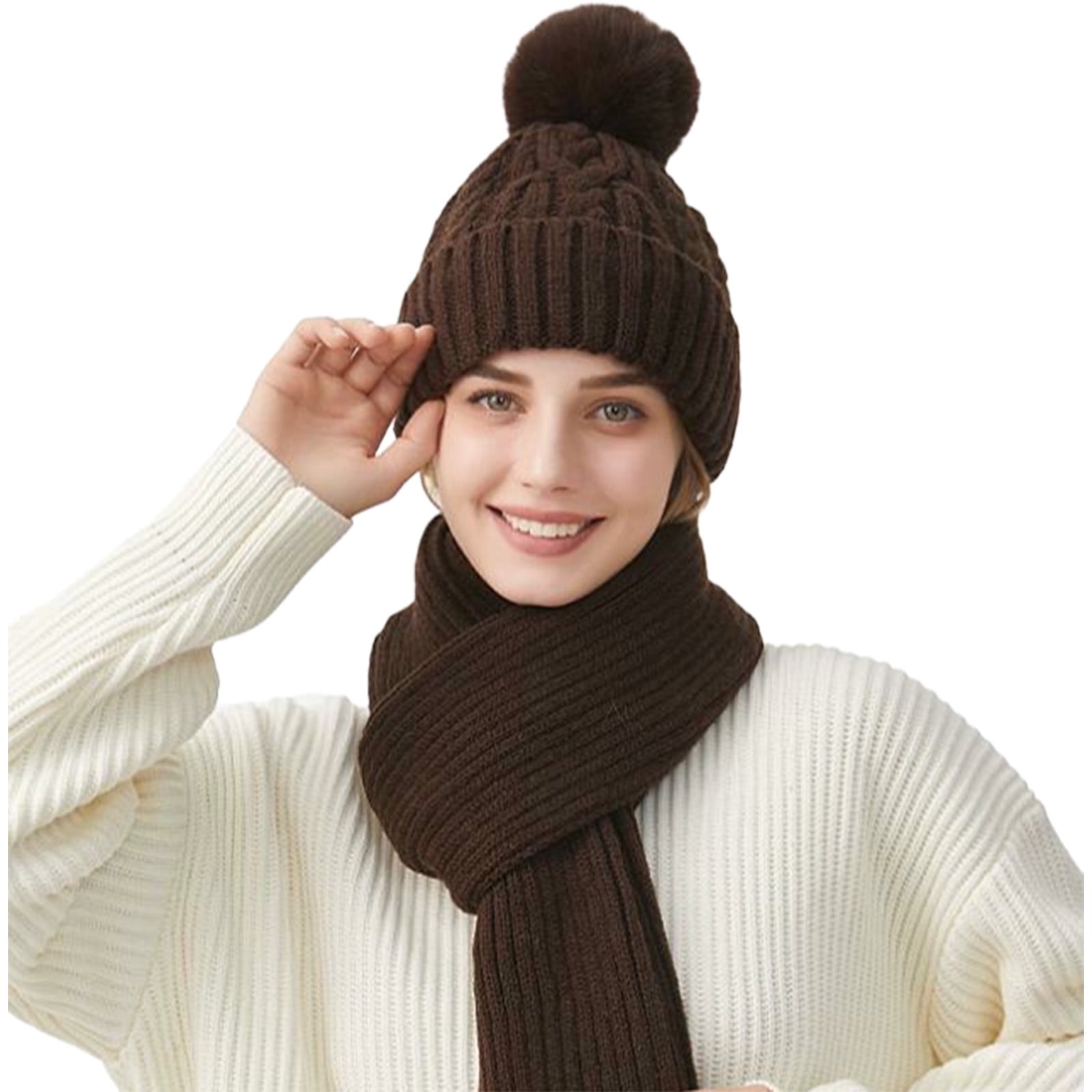 Cadancy Knit Hats for Women with Scarf 2 Piece Set Winter Comfort Warm Pompom Baenies Hat Cute Trendy Outdoor Cold Weather Snow Caps