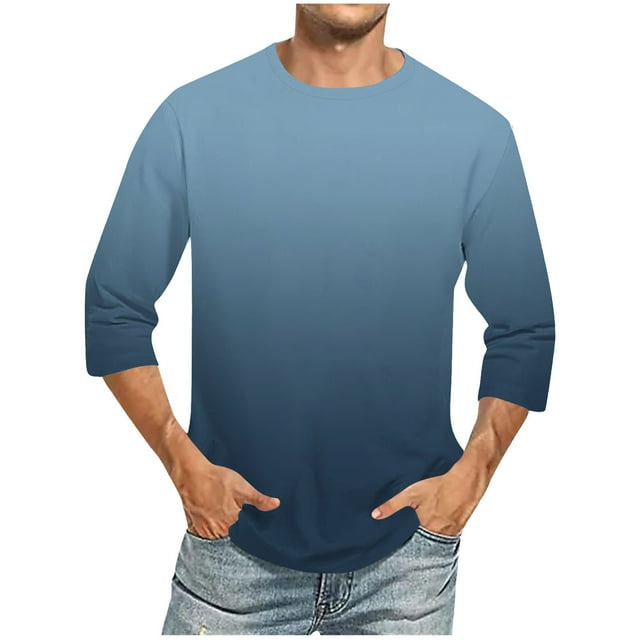 Camisas de Lino para Hombres Impresión Cuello Redondo Casual 3/4 Manga Blusa, Mezcla de Lino de Algodón para Primavera Verano Ocio Y Tops Diarios
