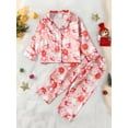 thumbnail image 3 of Toddler Girl Christmas Pajamas 1Y 2Y 3Y 4Y 5Y 6Y 7Y Cartoon Santa Flower Print Long-Sleeved Lapel Tops Elastic Waist Trousers Sleepwear Outfits, 3 of 10