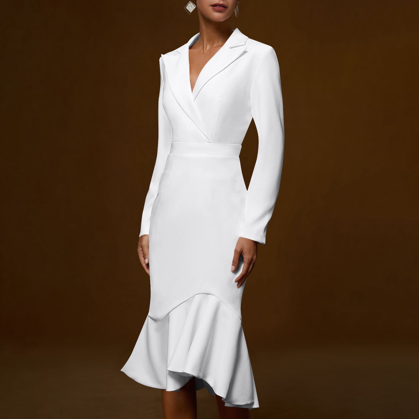 Women's Ruffle Hem Wear to Work Blazer Dresses - Elegant Long Sleeve High Low Bodycon Mermaid Cocktail Dress