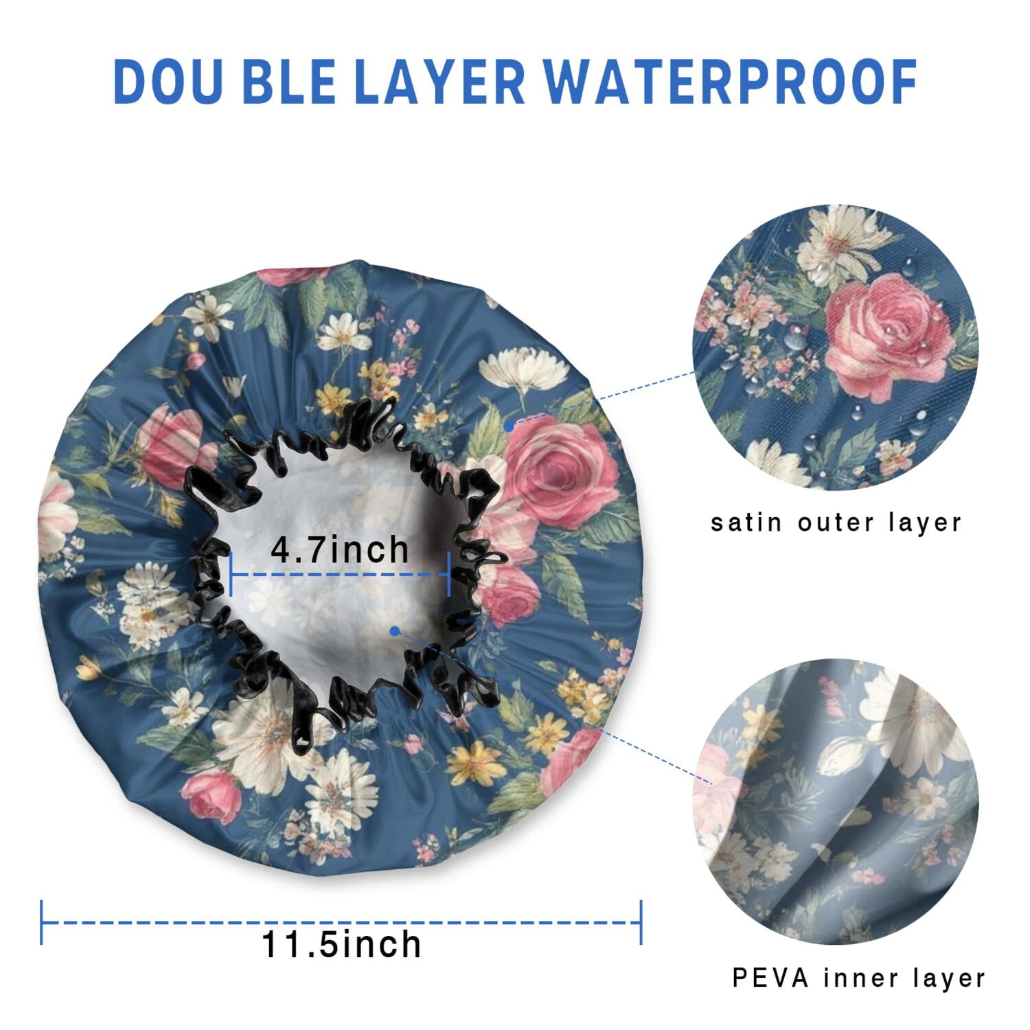 Shower Caps,Pioneer Flower Floral Print Pattern Waterproof Shower Cap for Women 4 Pieces,Double Reusable Hair Cover for Shower PEVA Elastic Stretch Hem