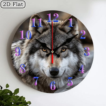 2D flat wooden wall clock, Wolf King wall clock, silent clock, living room bedroom, room decoration, office, Christmas, New Year, Valentine's Day decoration 10 * 10 inches, easy to hang