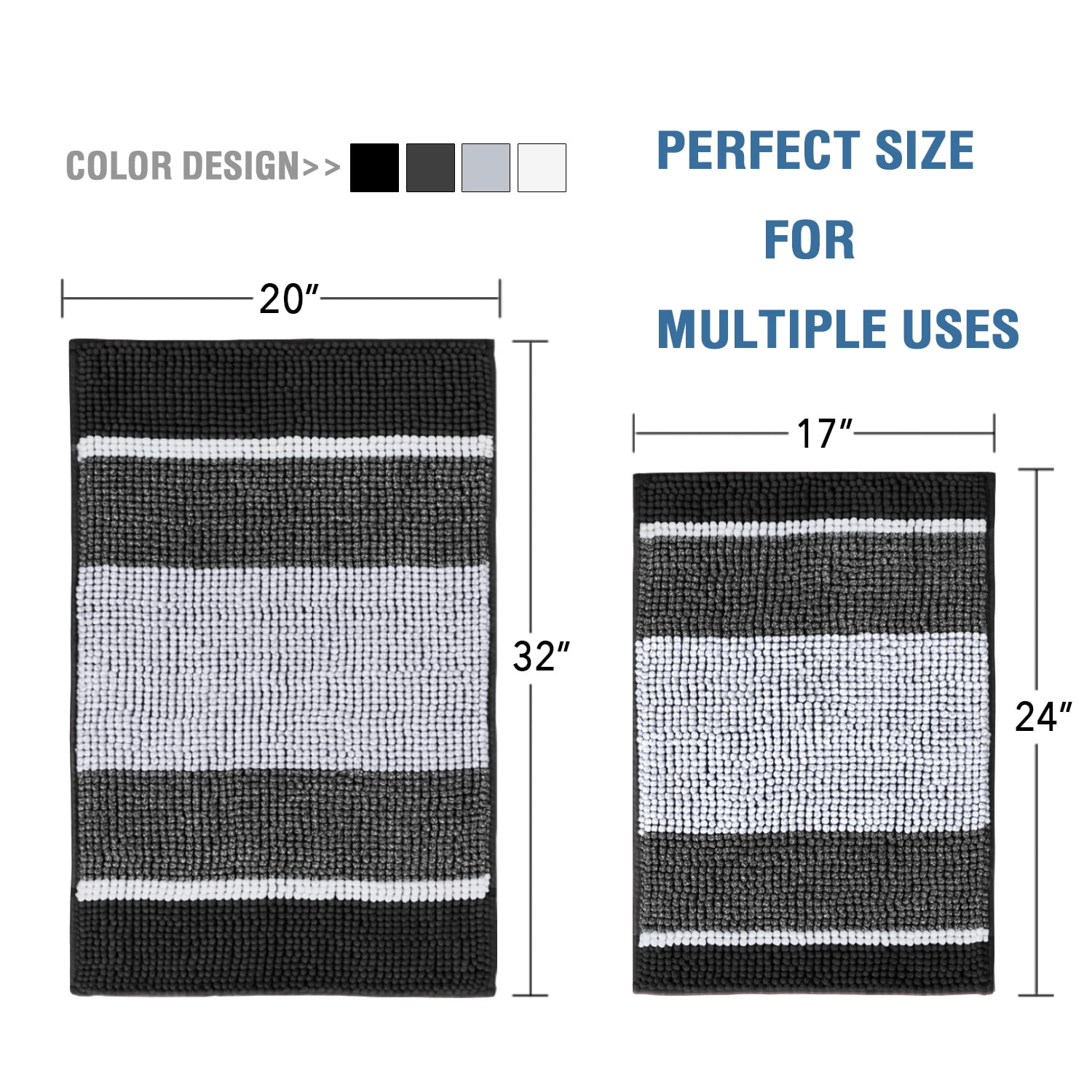 PrimeBeau Luxurious Absorbent Shag Chenille Bath Rug Set, Microfiber, Non-Slip, Ultra Thick, Pack of 2 (Black)