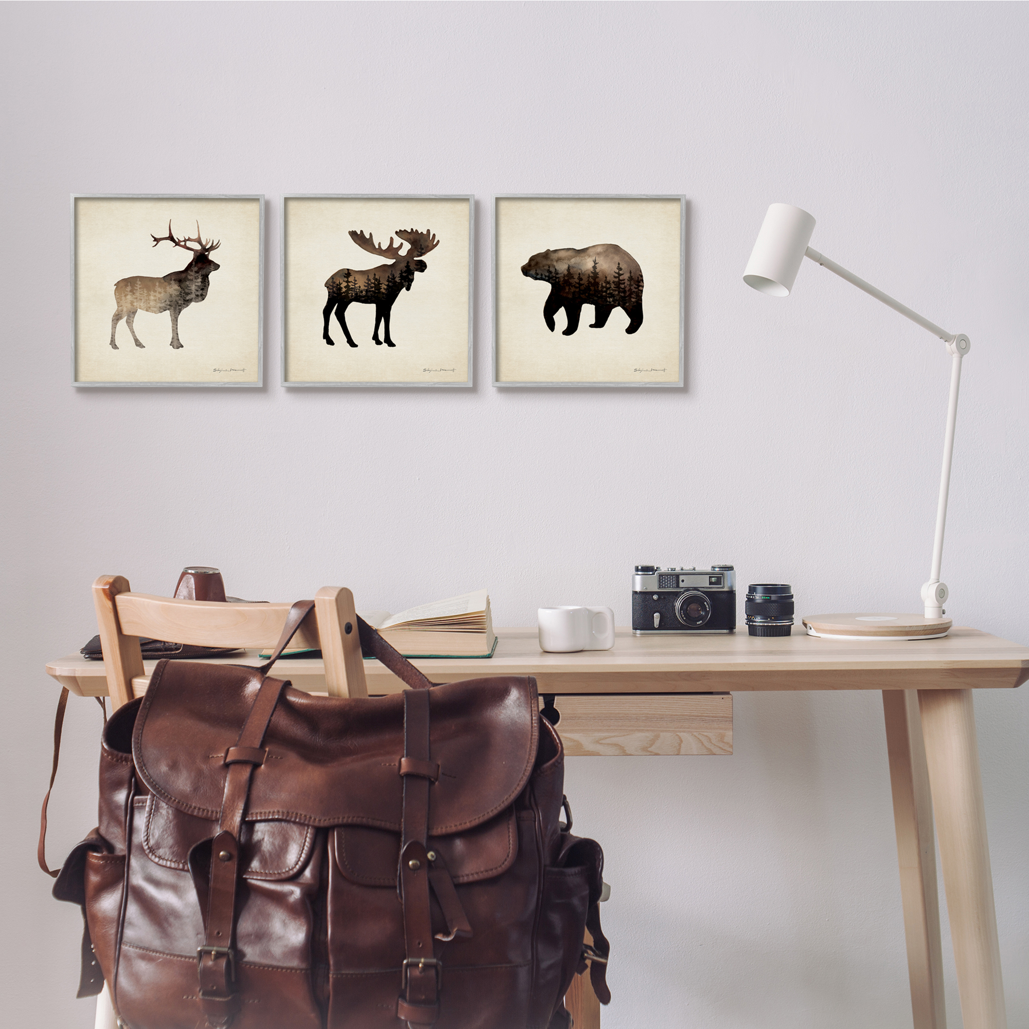 Stupell Industries Woodland Animal Silhouettes Rustic Forest Pine Tree Landscape Graphic Art Gray Framed Art Print Wall Art Set of 3, 12x12, by Stephanie Workman Marrott