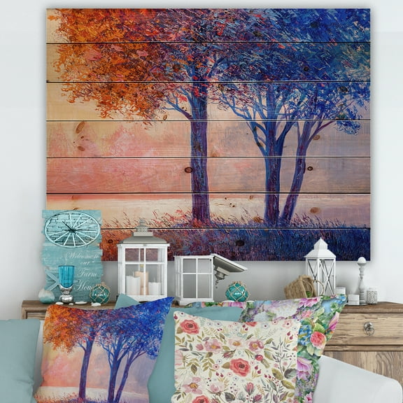 Designart 'Colorful Autumn Forest Trees Along Beautiful River' Lake House Print on Natural Pine Wood