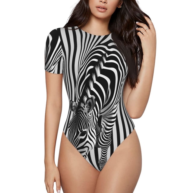 Balery Optical Zebra Illusion Body de cuello redondo de manga corta para mujer Tops de manga corta Tops básicos-XX-Large