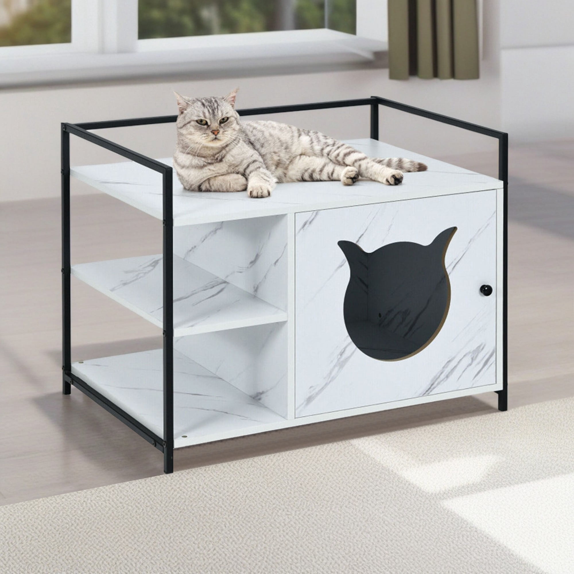 Pefilos 30" Cat Litter Box Enclosed Furniture Coffee Table for Cat House, Hidden Litterbox Enclosures Nightstand, White