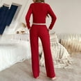 thumbnail image 4 of VISALY Two Piece Pajama Set Button Down Pajamas Ribbed Pajama Sets V Neck Long Sleeve Sleepwear Wide Leg Pants Soft Loungewear Matching Set Comfy Outfits Red L, 4 of 8