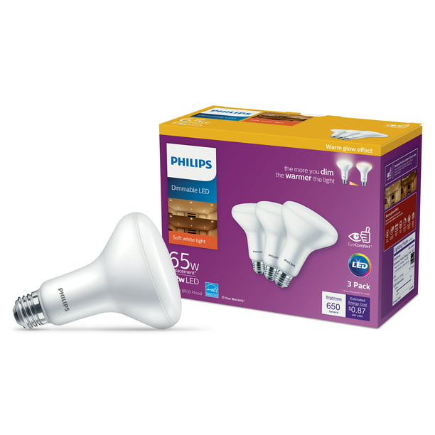 Philips 65-Watt BR30 Floodlight Light Bulb, Frosted Soft White Glow, Dimmable, E26 Base (3-Pack) - Walmart.com