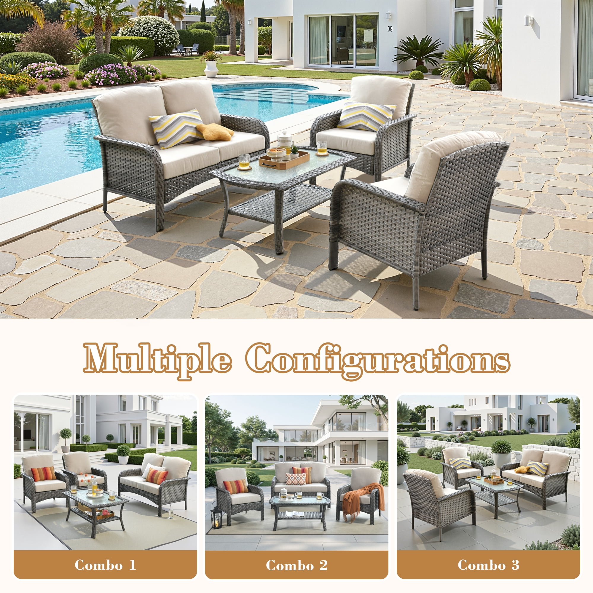 Vcatnet Patio Furniture Sets with Coffee Table 4 Pieces Sectional Sofa Rattan Wicker Outdoor Conversation Set with Loveseat Chair for Porch, Deck, Beige