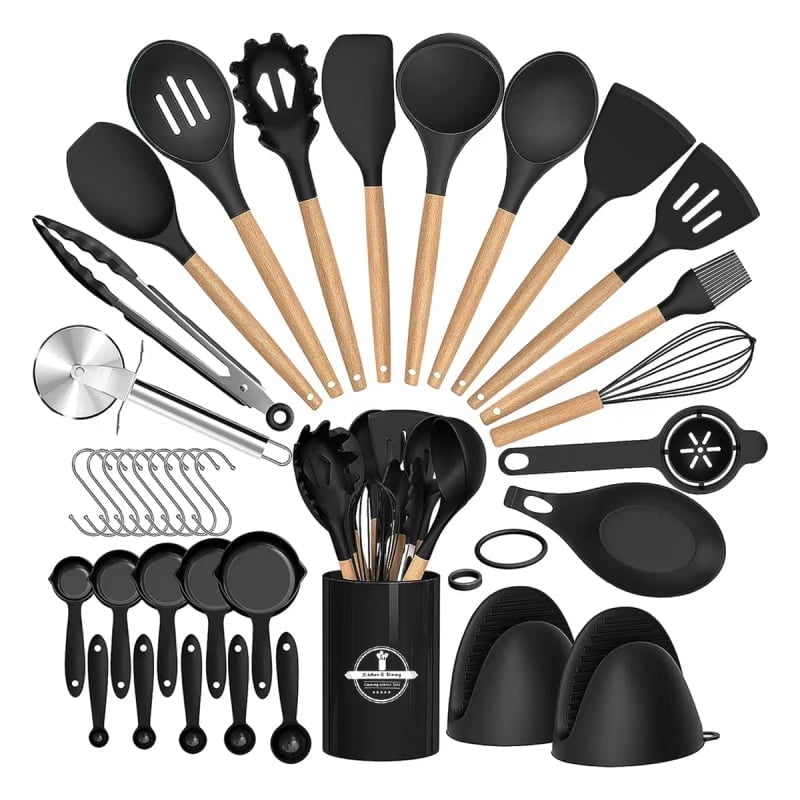 NULAS Kitchen Utensils Set, 37 pcs Non-Stick Silicone Cooking Kitchen Utensils Spatula Set with Holder,446℉ Heat Resistant,Wood Handle Kitchen Gadgets,Black