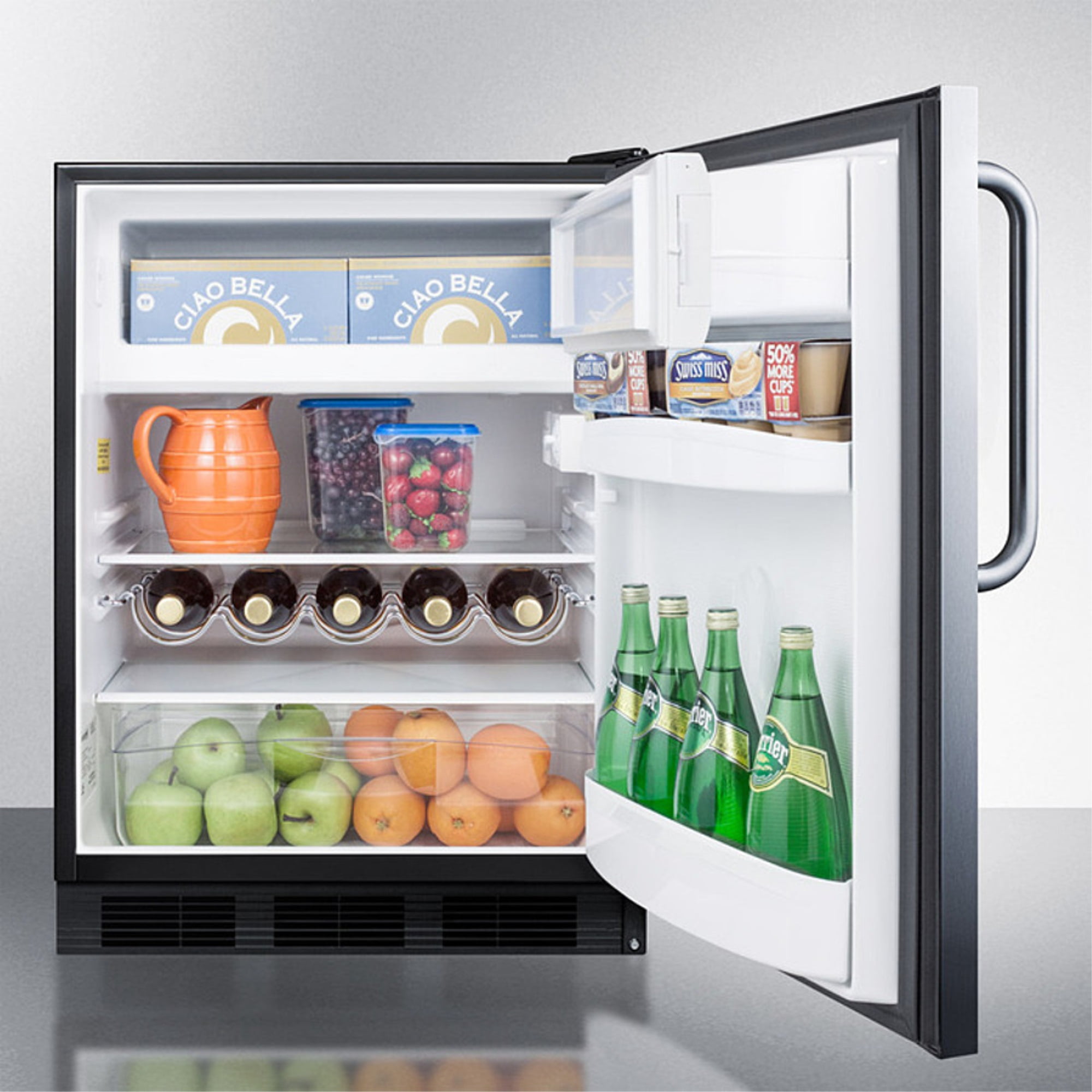 Built-in undercounter refrigerator-freezer for residential use, cycle defrost with a deluxe interior, stainless steel exterior, and towel bar handle