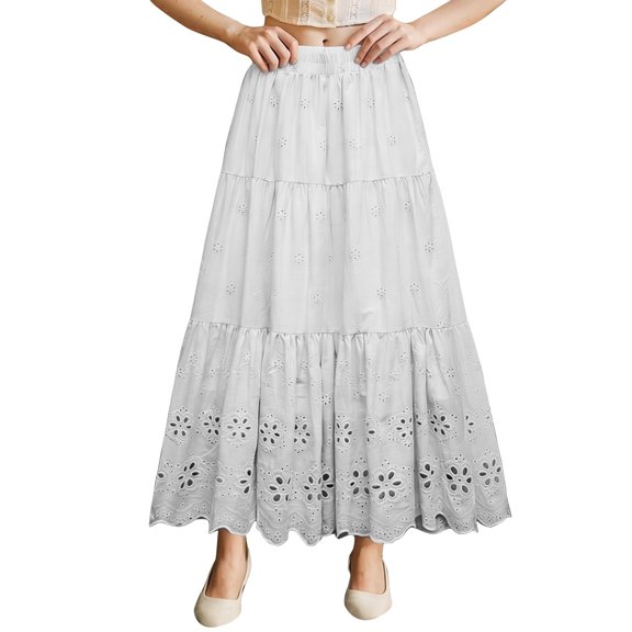 PBFRDSJ Boho Maxi Skirt for Women Eyelet Embroidery Elastic High Waist A-Line Summer Casual Beach Long Skirt Ruffle Tiered Skater