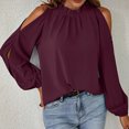 thumbnail image 2 of Blusa con cuello con volantes y hombros descubiertos, cuello redondo, manga larga, Top informal con volantes para otoño invierno, rojo vino L, 2 of 6