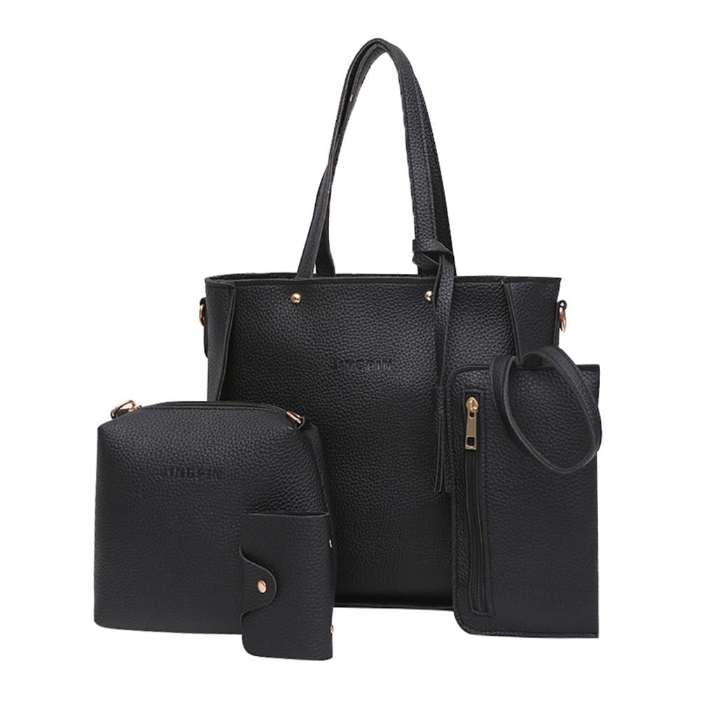 4pcs/set Litchi Leather Tassel Women Tote Shoulder Handbag Clutch Card Bags Lady