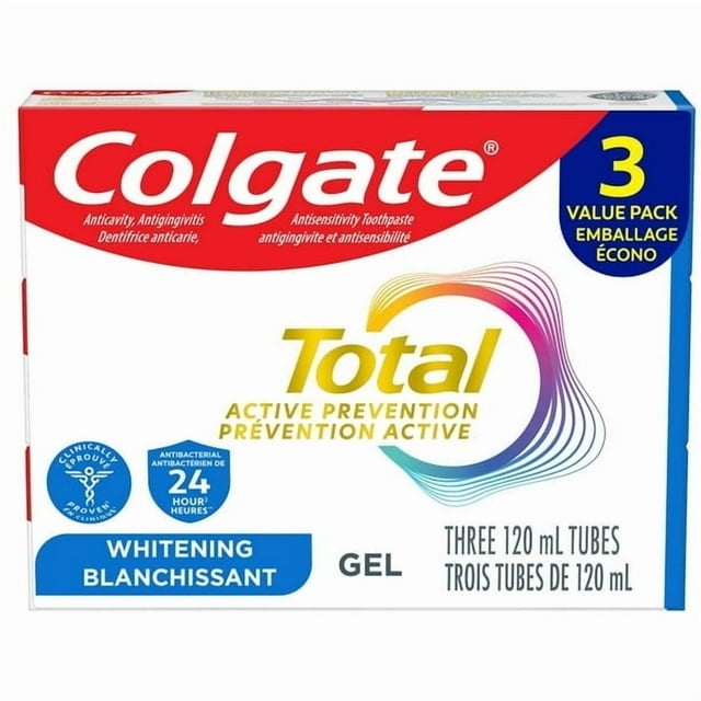 Colgate Total Active Prevention Whitening Toothpaste Gel, Mint Flavour, 120 mL, 3 Pack, 3 x 120 mL