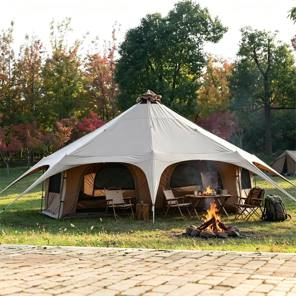 16.4ft Canvas Bell Tent with Stove Jack, Windproof Breathable Glamping Yurt Tent Fits 6-10 People for Camping Hunting Backyard Parties