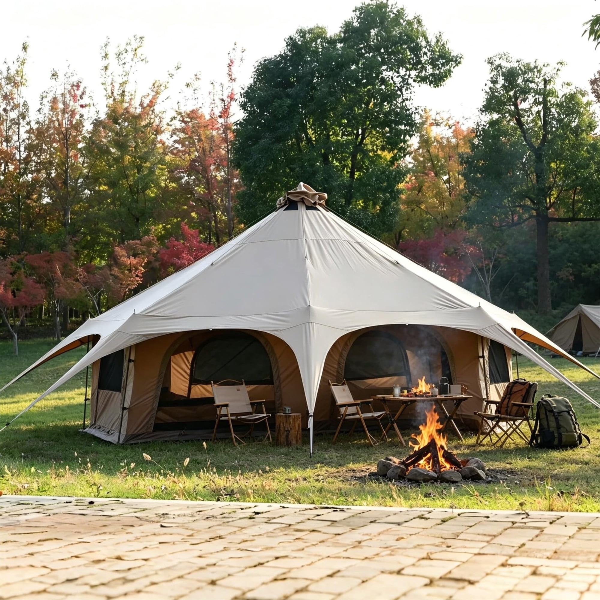 Garvee Windproof & Breathable Canvas Bell Tent - Spacious Glamping Shelter for 6/8/10 People - With Stove Jack - Ideal for Family Camping Outdoor Outdoor Pursuit Parties - Coffee 500cm x 280cm