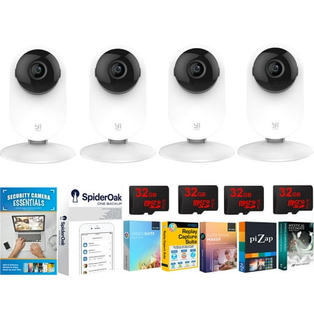YI 1080p Home Camera Pack of 4 Wi-Fi IP Security Surveillance System with Night Vision, Baby Monitor on iOS / Android App Back Up Bundle With 4 32GB High Speed Cards and Essential Software (Best Time Card App)