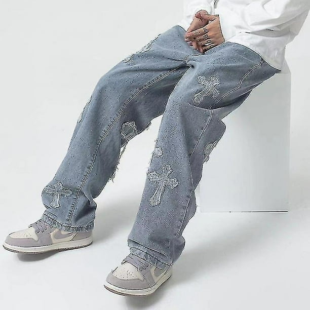 V hanver ropa de calle para hombre pantalones vaqueros holgados pantalones vaqueros cruzados de Hip Hop para hombre pantalones vaqueros holgados para mujer pantalones vaqueros de gran tamano para Bode...