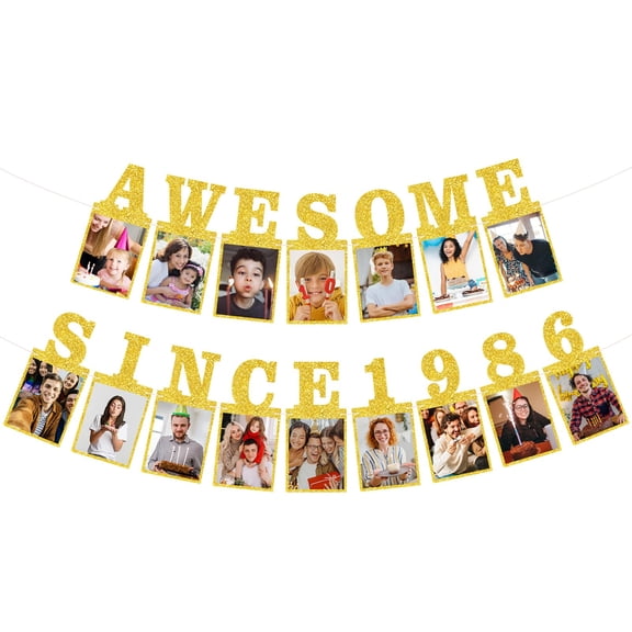 Pre-strung Awesome Since 1986 Photo Banner Birthday Decorations for Men Women - Gold Glitter 40th Birthday and Anniversary Decorations Party Supplies