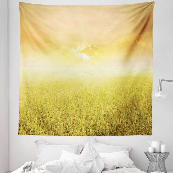 Yellow Tapestry, Rice Field Farm and Sunset Countryside Agriculture Sun Rays Evening Cloudscape, Fabric Wall Hanging Decor for Bedroom Living Room Dorm, 5 Sizes, Yellow Beige, by Ambesonne