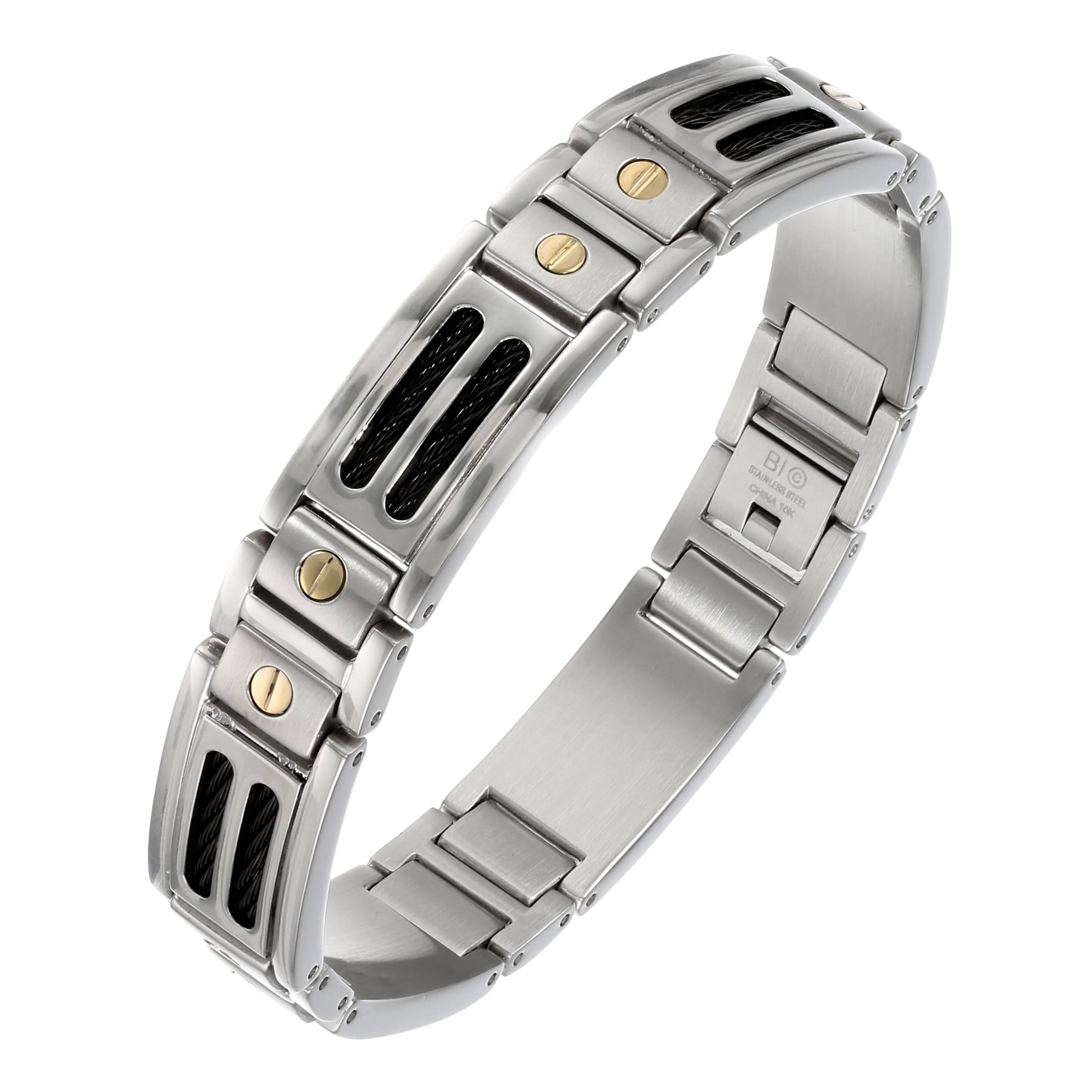 BIG Jewelry Co Men's Stainless Steel and 10K Gold Screw Detail Link Bracelet