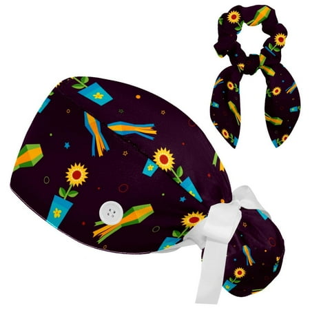 

Working Cap with Buttons and Sweatband Scrub Hat Bouffant Caps with Scrunchie Sunflower Tie Back Hats