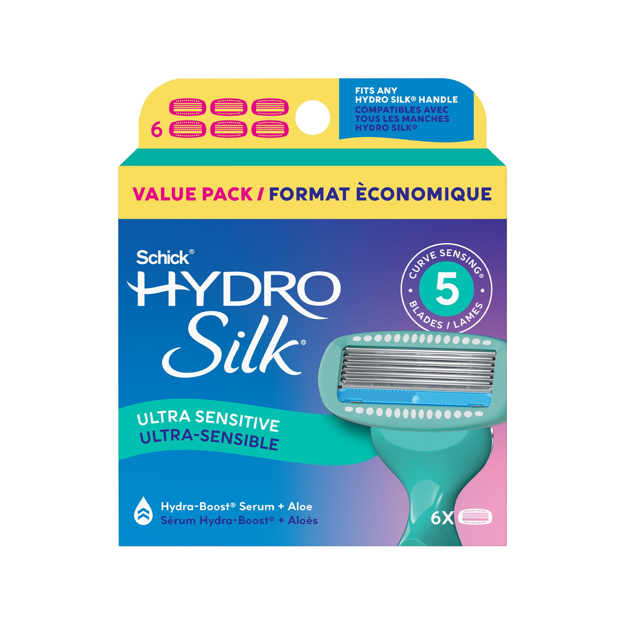 Schick Hydro Silk Sensitive Women's Razor Refills, 6 Ct, 5-Blade Razors for Women Sensitive Skin