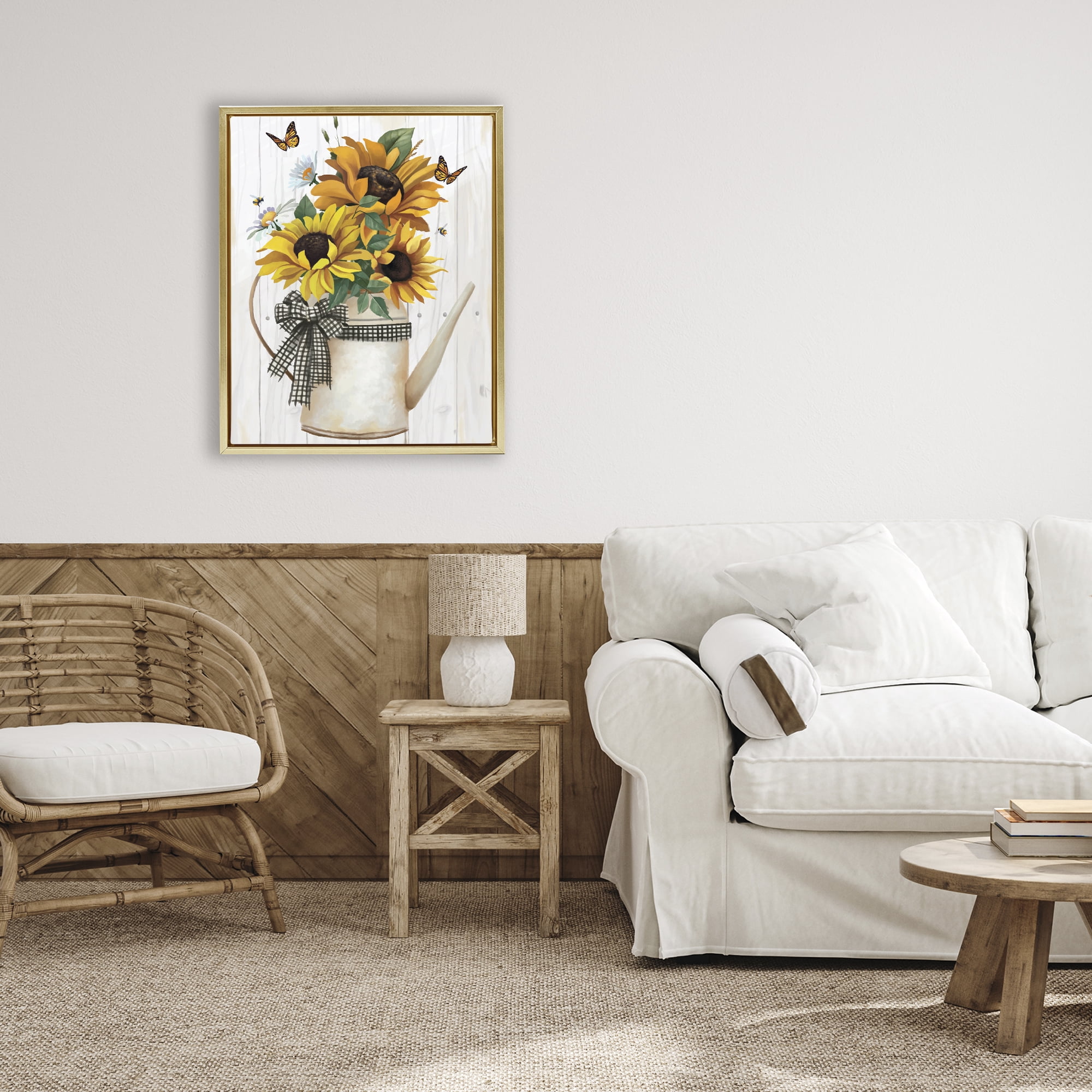 Stupell Industries Sunflower Trio in Watering Can Gold Framed Floater Canvas Wall Art, design by Lucca Sheppard