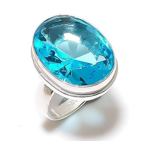 Natural Swiss Blue Topaz Gemstone Handmade 925 Sterling Silver Ring Size 6