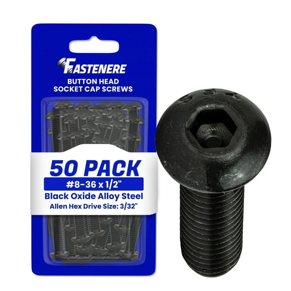 Fastenere Button Head Socket Cap Screws - 8-36 x 1/2" (50-Pcs) Alloy Steel, Fully Threaded, Fine Black Oxide Finish, Corrosion-Resistant, Machine Thread, Easy to Install w/ Allen Hex Drive