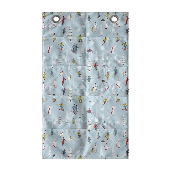 Winter Hanging Pocket Organizer, Concept of Ski Resort with Human on Snow, Printed Polyester Storage Bag with Pockets, 21" x 31", Blue Multicolor