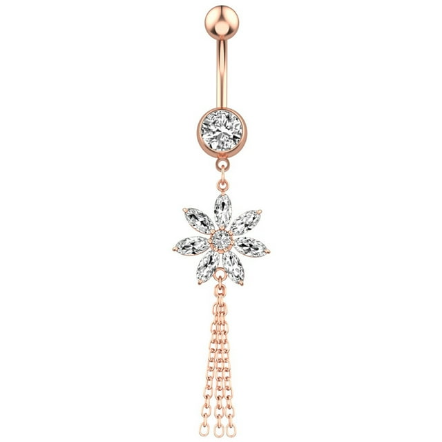 Navel Ring Flower Tassel Rhinestone Stainless Steel Body Ring Dangle Belly Ring