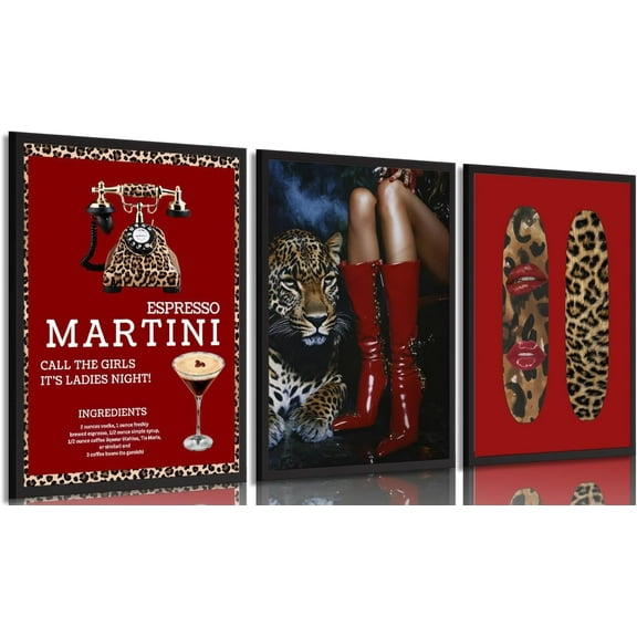 3Pcs Trendy Red Leopard Canvas Wall Art Vintage Trendy Boots Wall Decor Painting Coquette Sexy red lips Aesthetic Cheetah Pictures for Girls Bedroom Apartment Dorm Home Artwork Decorations 12x16in