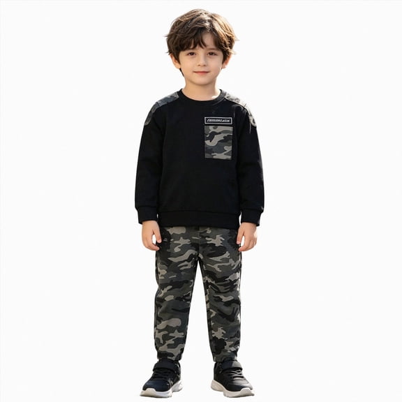KPOPLK Baby Toddler Boys Fall Clothes Sets 6 12 18 24 Months 2T 3T 4T Long Sleeve O Neck Pullover T-Shirt Camo Pants Outfits Black Size 7-9 Years