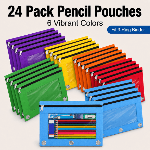 VBNDMAW 24 Pack Pencil Pouches for 3 Ring Binder, Smooth Zipper Pencil Bags, Clear PVC Windows, 3 Reinforced Grommets, Assorted Colors, 9.6 x 7.6 in