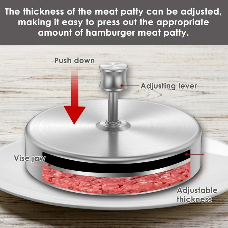 Stainless Steel Burger Press Maker With 100 Non-Stick Patty Papers – Adjustable Thickness For BBQ, Grill & Kitchen