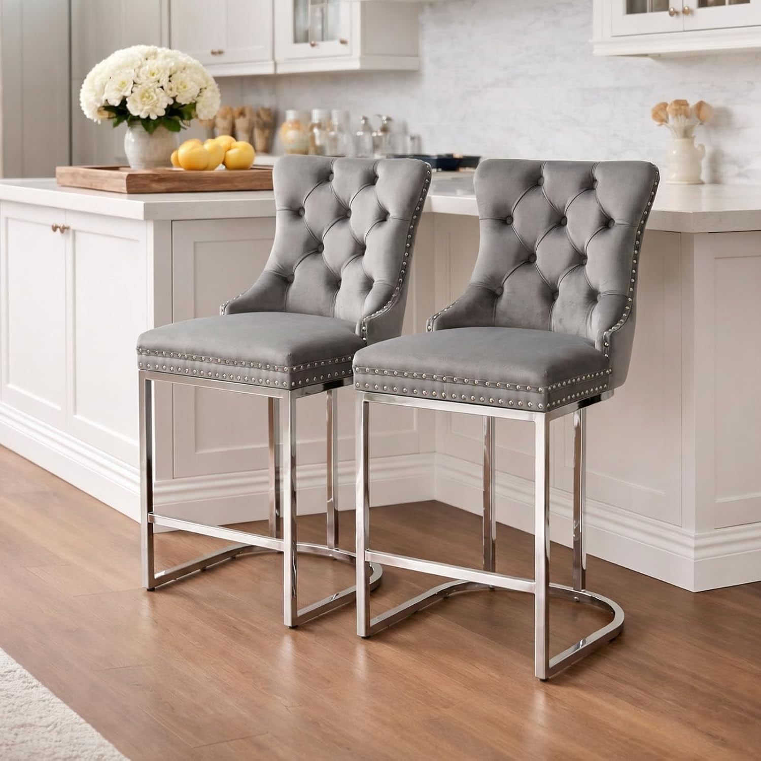 25" Velvet Counter Height Bar Stools Set of 2, Tufted Upholstered Kitchen Counter Stools with High Back, Nailhead Trim, Chrome Metal Legs, Modern Grey Bar Chairs for Dining Room, Pub, Island