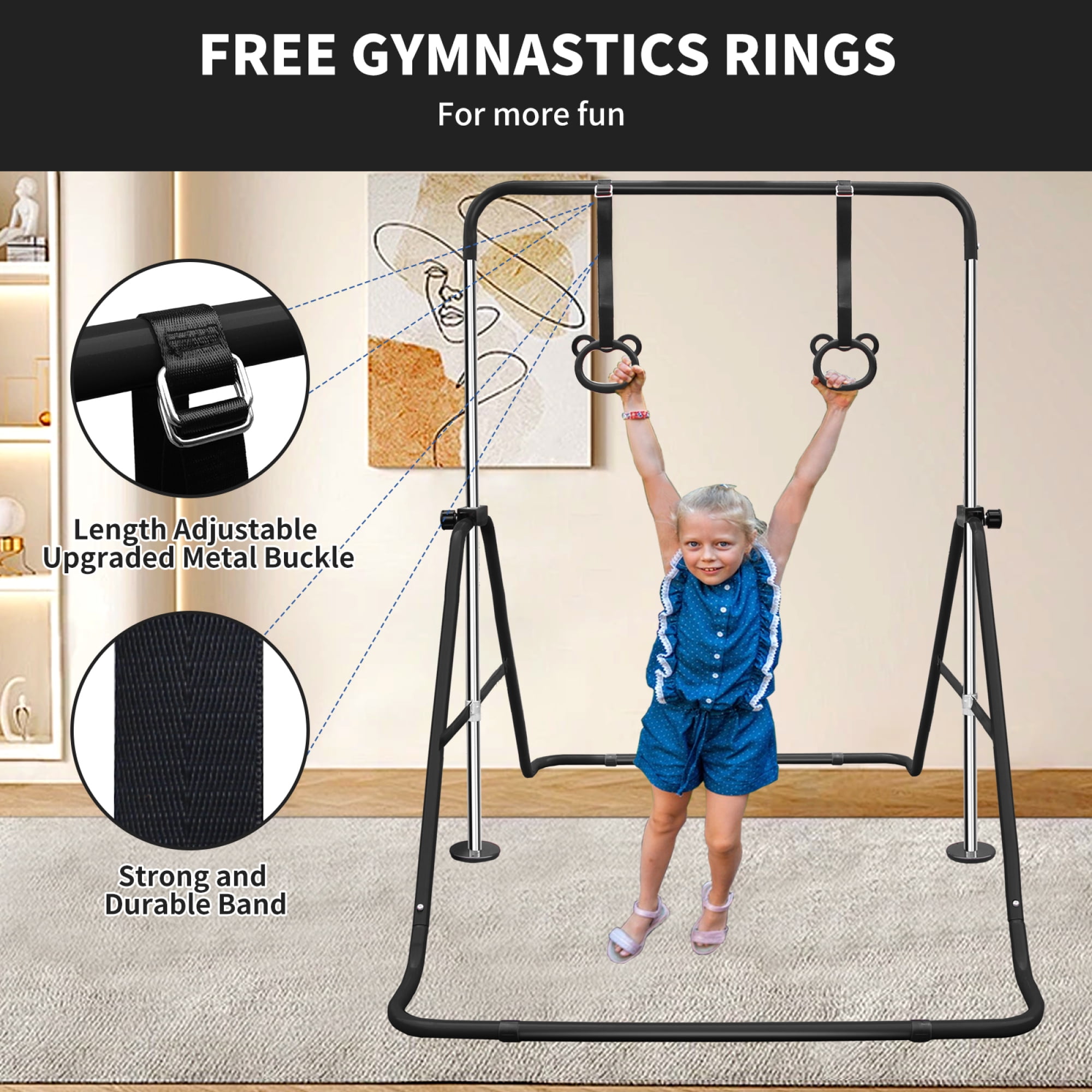 Gymnastics Bar for Kids,Adjustable Height Gymnastic Horizontal Bars with Bear Rings,Folding Junior Training Kip Bar for Kid Gymnasts, Child, Girl, Boy,Black