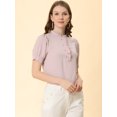 thumbnail image 3 of Blusa de trabajo Allegra K con cuello redondo y mangas cortas Tapeta de medio botón volantes Rosa L, 3 of 6